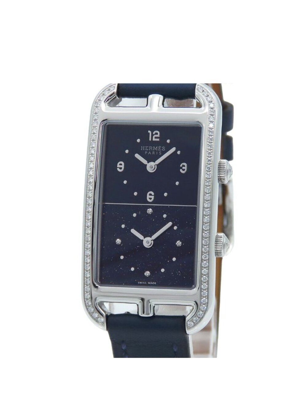 Hermes Nantucket Dual Time NA 3.230 Blue SS Leather Diamond Watch